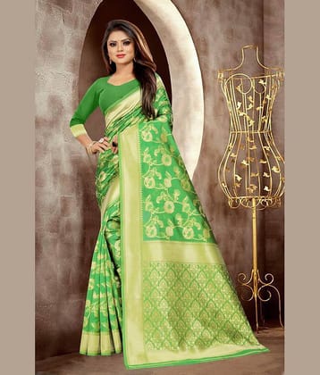 Gazal Fashions Banarasi Silk Self Design Saree With Unstitched Blouse Piece ( Green )