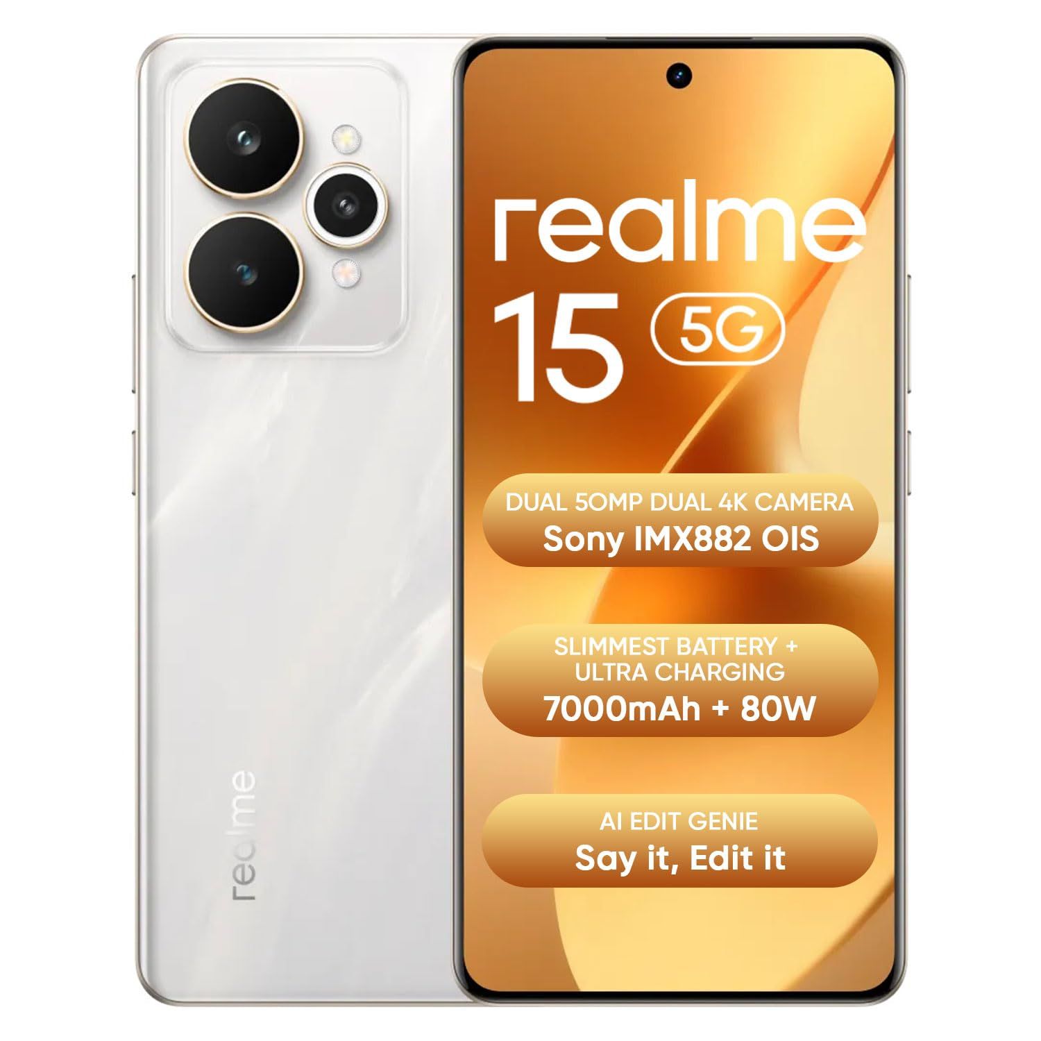realme 15 5G Smartphone 8+256GB,144Hz HyperGlow 4D Curve Display,7000mAh Battery,80W SuperVOOC,Dual 50MP 4K Cameras,Dimensity 7300+ Chipset,IP69, Silver Flowing Silver