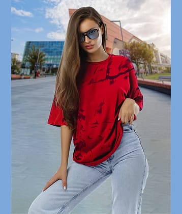 Leotude Women Cotton Blend Dyed Oversized Fit Round Neck T-Shirt ( Red )