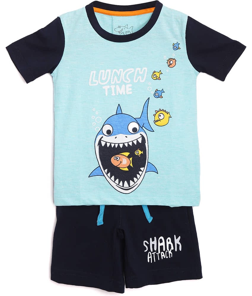 Lazy Shark Pack of 1 Boys Cotton Blend T-Shirt & Shorts Set ( Blue )