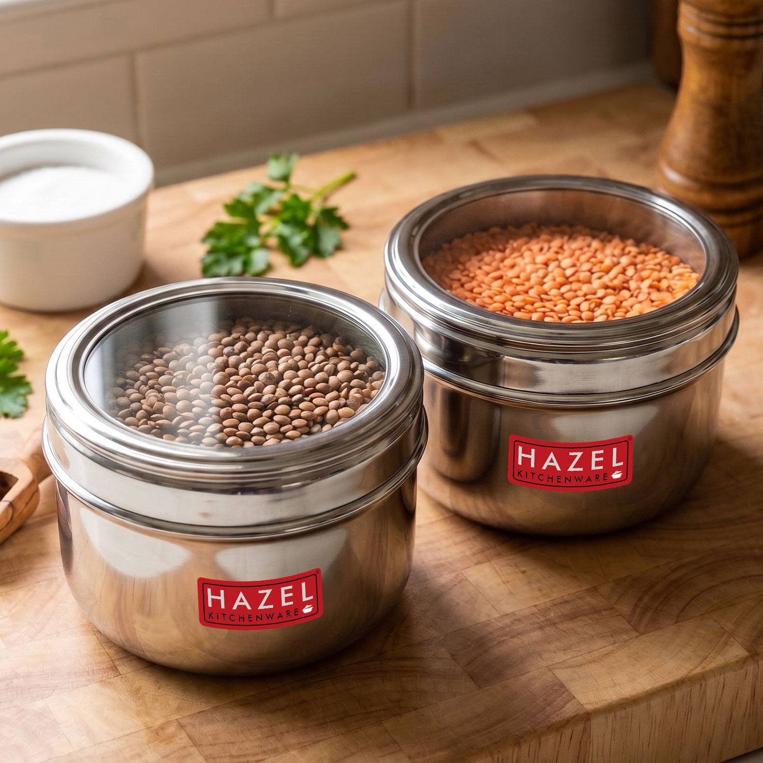HAZEL Steel Storage Containers with Clear View Lid, 1100ml (Pack of 2) , Kitchen Dabbas for Snacks, Dry Food & Leftovers