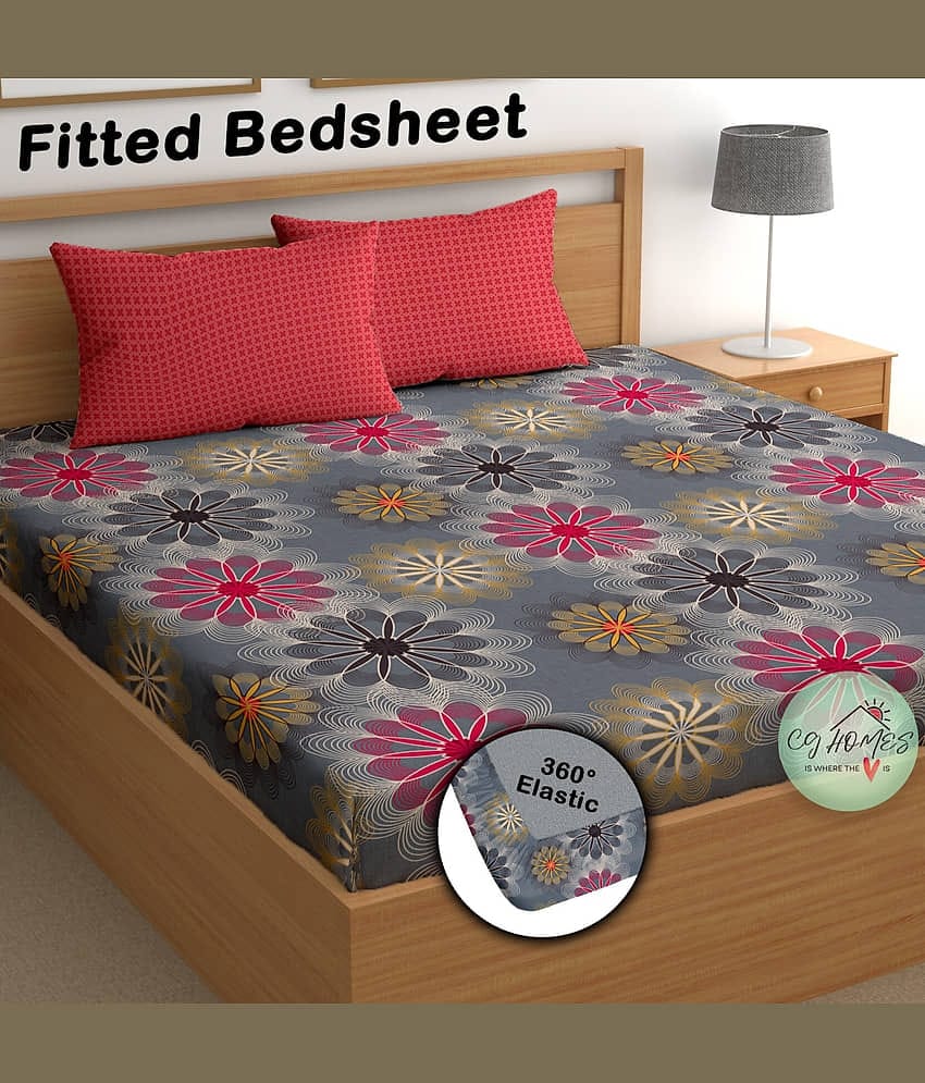 CG HOMES Cotton 1 Double Fitted Bedsheet with 2 Pillow Covers ( 230 cm x 225 cm ) , Gray