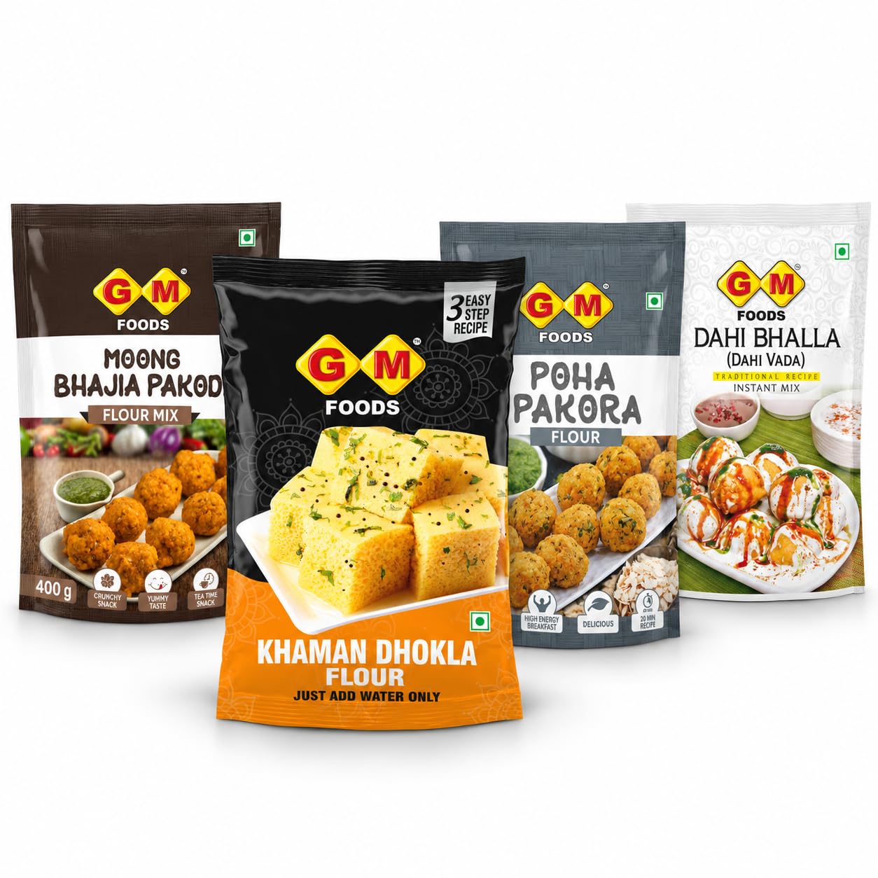GM Foods Indian Snacks Party Combo Pack of 4 | Khaman Dhokla Mix 500g, Moong Bhajia 400g, Poha Pakora 200g & Dahi Bhalla Mix 500g | Ready to Cook Traditional Indian Snacks for Parties, Family Gatherings & Evening Tea | Total 1.6kg