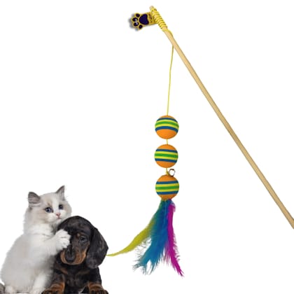 A+a Pets' Cat Wand Teaser Interactive Toy with Retractable Ball | Feather Play Toy for Cats, Puppies, and Small Animals (Orange | Red | Blue)