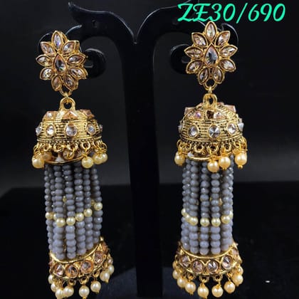 ZEVAR I Kundan Jhumka Earrings-Grey