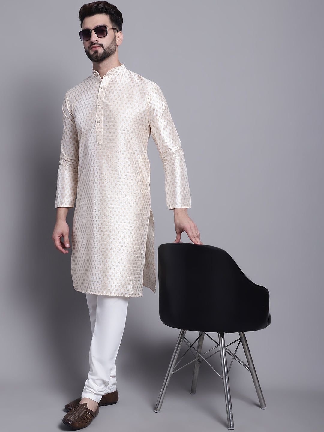 Men's Silk Blend Cream Printed Kurta and Off White Pyjama Set-36