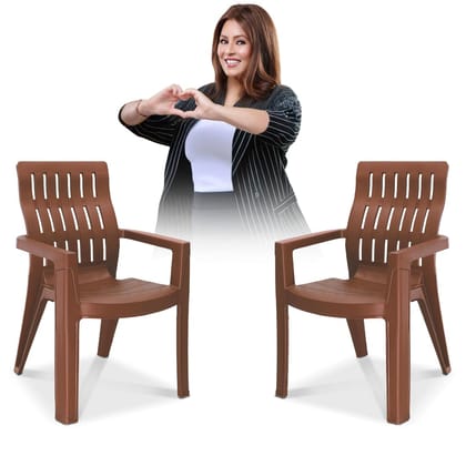 MAHARAJA Plastic Chair Set, Chair for Living Room, Home, Plastic Chair for Home with Arm Rest/Modern Stylish Design with Glossy & Matte Finish Bearing Capacity 200Kg (Brown, Pack of 2)