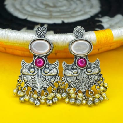 Oxidised Silver Antique Tribal Chandbali Earrings with PinkWhite Stone and Pearls Oxidised Silver Antique Tribal Chandbali Earrings with PinkWhite Stone and Pearls