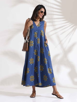 trueBrowns Blue Cotton Print Sleeveless Dress - Blue  (M)