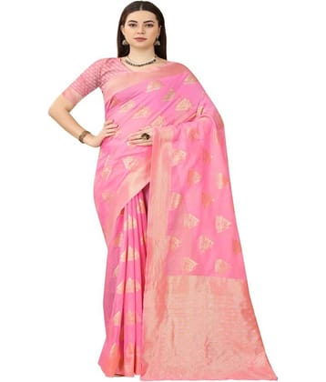 NENCY FASHION Cotton Embellished Saree With Unstitched Blouse Piece ( Pink )
