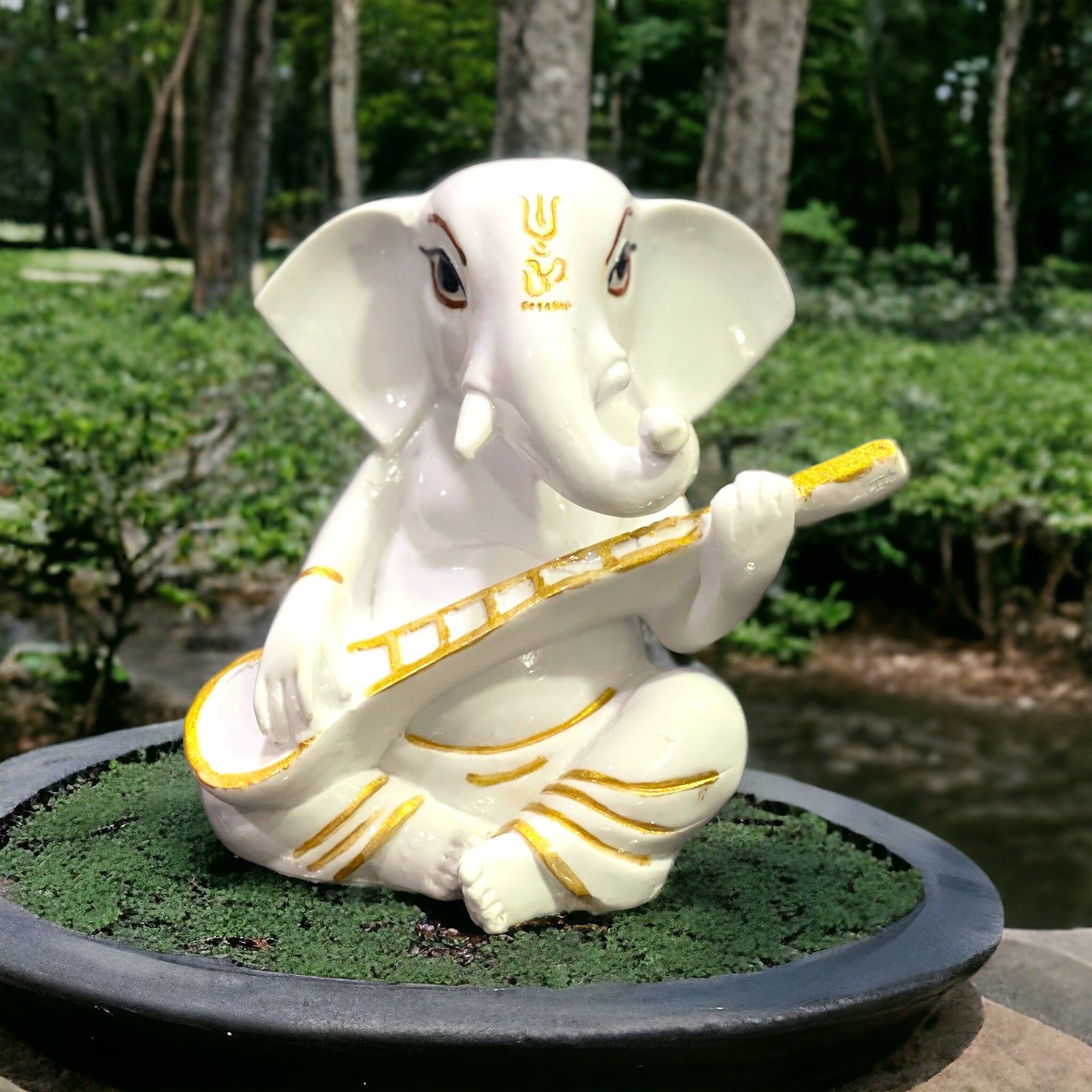 White Marble Veena Ganesha Murti Statue Figurine for Home Decor H – 15 cm-Composite Marble