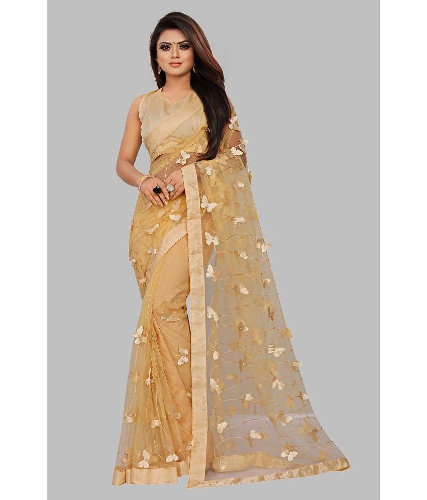 Gazal Fashions Net Applique Saree With Unstitched Blouse Piece ( Cream )