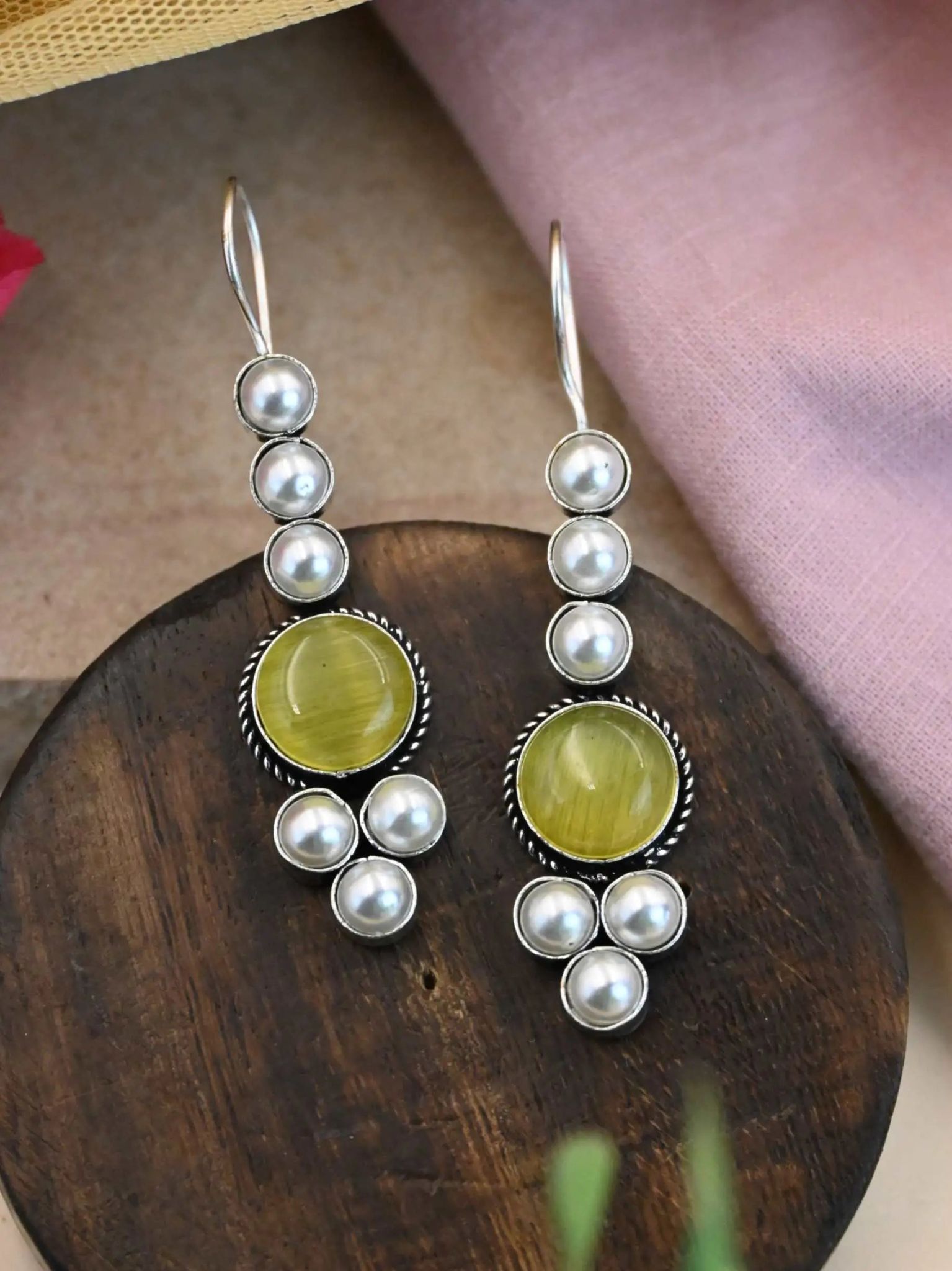 Oxidised Monalisa Pearl Hook Earrings for Casual Elegance | Sarichka-Yellow