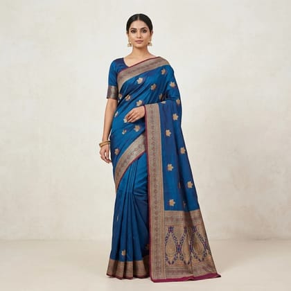 Blue Satin Silk Embroidered Ethnic Saree For Women Blue Satin Silk Embroidered Ethnic Saree For Women