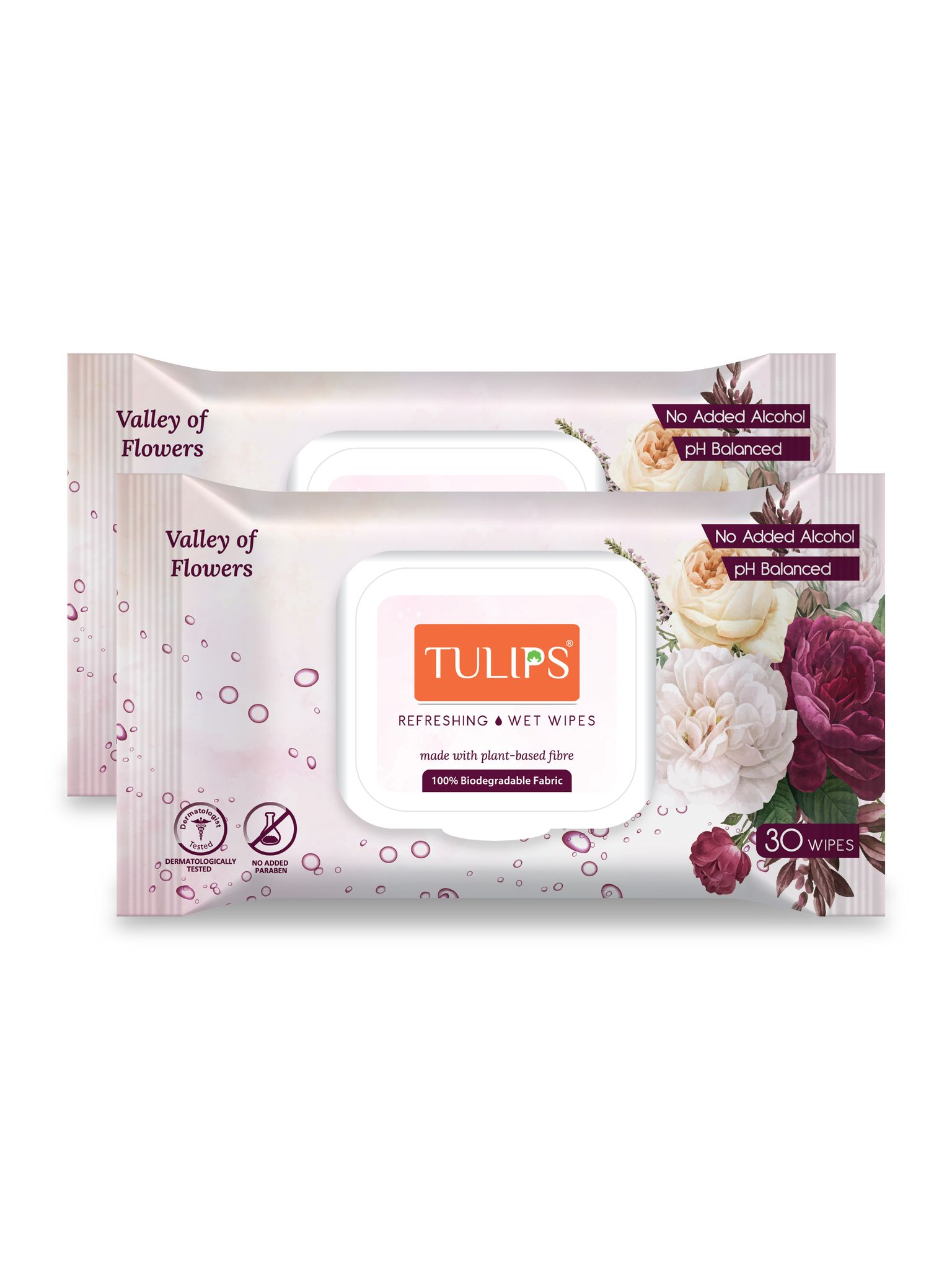 Tulips Refreshing Everyday Cleaning Wet Wipes made with PLANT based fibre, LID Pack (Valley of FLowers, Pack of 2) 30 wipes each