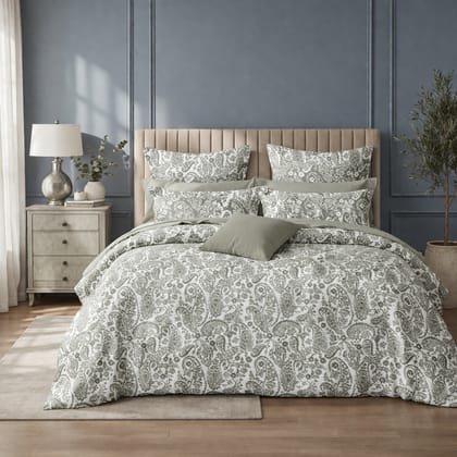 Sage Green Paisley Queen Size Bedsheet with 2 Pillow Covers | Soft Cotton Double Bed Sheet