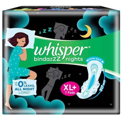 WHISPER BINDAZZZ NIGHTS SANITARY PADS, 7 XL+ PADS, UPTO 0% LEAKS ALL NIGHT LONG, FOR HEAVY FLOW, 40% LONGER & WIDER BACK, COMFORTABLE CUSHIONY SOFT WINGS, DISPOSABLE WRAPPER