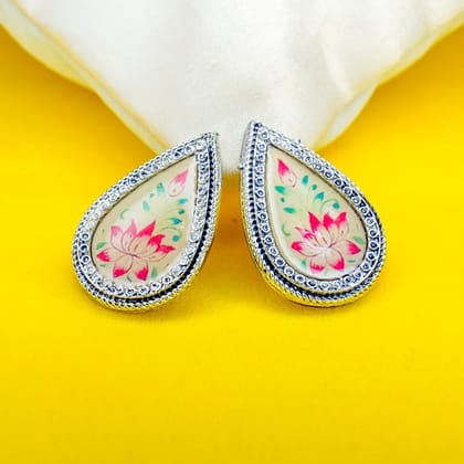 Oxidized Silver Floral Printed Stud Earrings For Women Girls