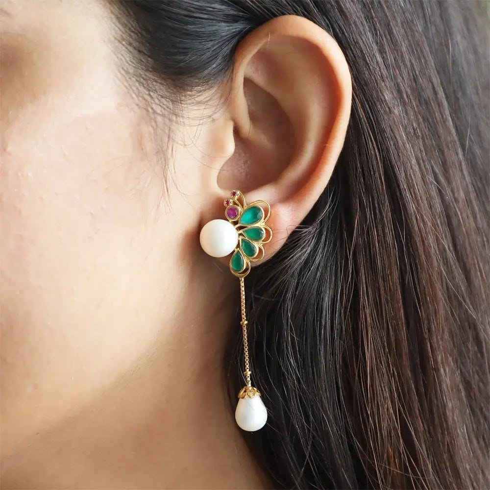 Silver 92.5 Dangling Pearl Butterfly Earring