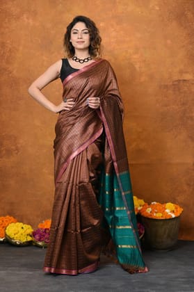 Designed By VMI~ Handloom Pure Tussar Silk Saree With Sleek Border~ Brown