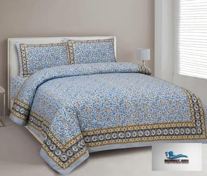 3001-Hometrade India-Standard King Size (90*108 Inches)-Buy Pure Cotton Jaipuri Printed Flat King Size Double Bedsheet With 2 Matching Pillow Cover
