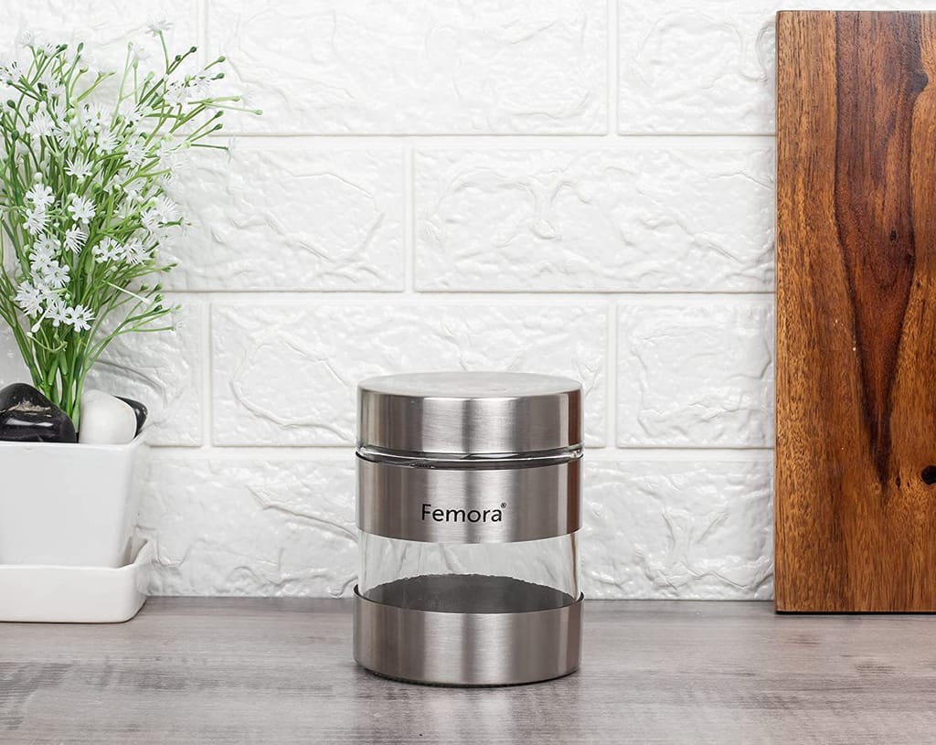 Femora Attractive Combo Gift Pack with Metallic Clear Glass Window Jar for Kitchen Storage, 700 ML, Pack of 2, Free Replacement of Lids