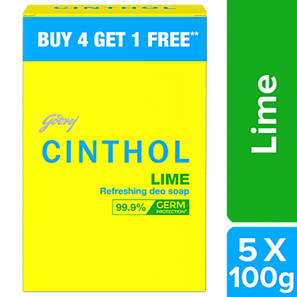 Cinthol Refreshing Deo Lime Bath Soap, 99.9% Germ Protection, 100 g (Buy 4 Get 1 Free)