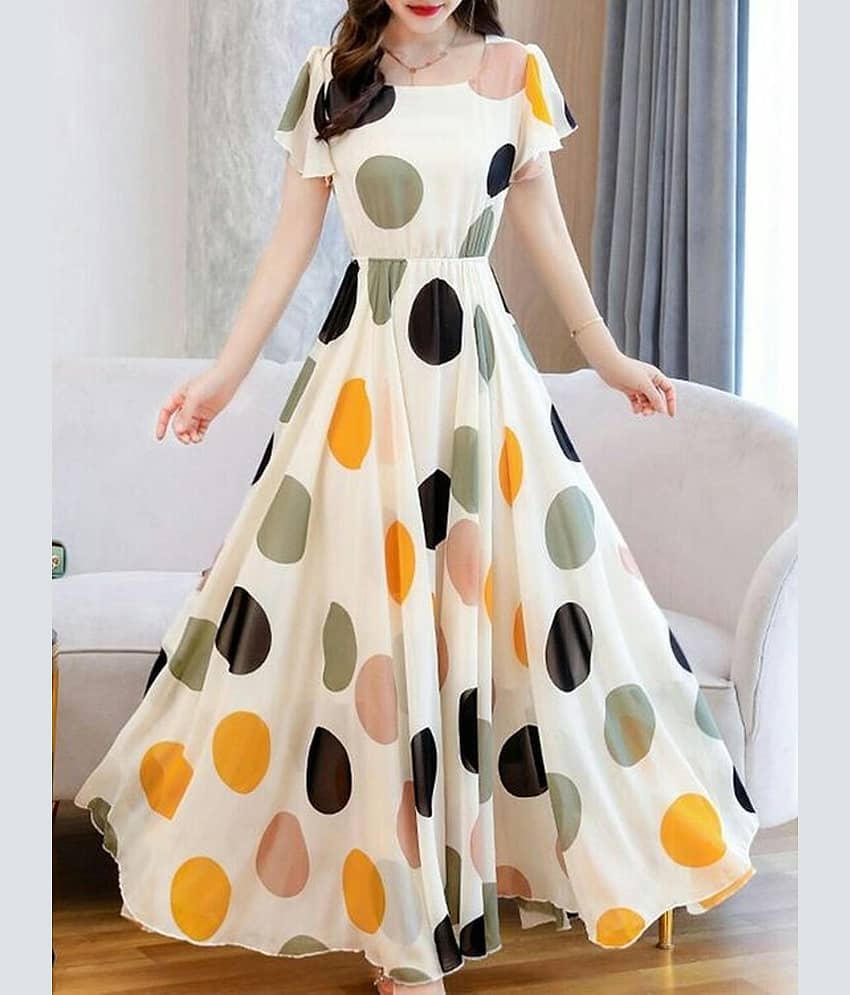 Raabta Fashion Women's Georgette Printed Fit & Flare Dress ( Off White )