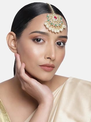 LAIDA White Green Brass-Plated Kundan-Studded Handcrafted Mang tika