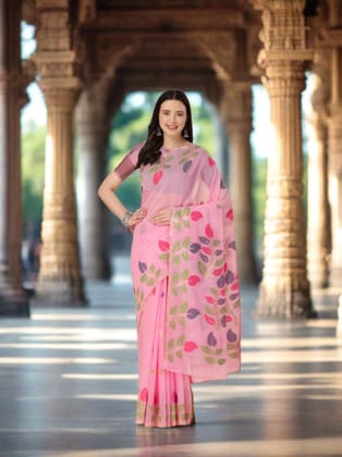 Light Pink Soft Cotton Floral Printed Saree