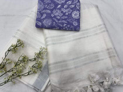 Plain Cotton Linen Saree With Printed Cotton Blouse