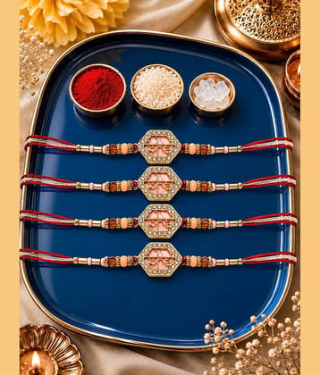 Rhosyn Designer 4 Designer Bhai Rakhis, 1 Greeting Card & 1 Small Roli, Chawal, Chandan & Mishri Pack Adjustable Rakhi ( Pack of 4 , Multicolour )