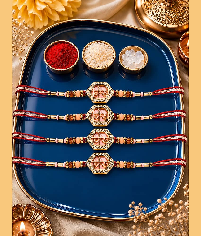 Rhosyn Designer 4 Designer Bhai Rakhis, 1 Greeting Card & 1 Small Roli, Chawal, Chandan & Mishri Pack Adjustable Rakhi ( Pack of 4 , Multicolour )