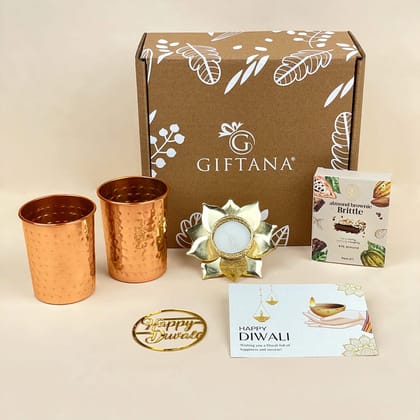 Gourmet Diwali Gift Box - Copper Glass Pair, Brownie & Lotus Candle