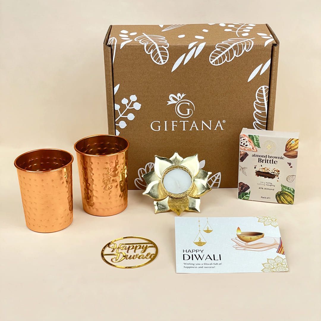 Gourmet Diwali Gift Box - Copper Glass Pair, Brownie & Lotus Candle