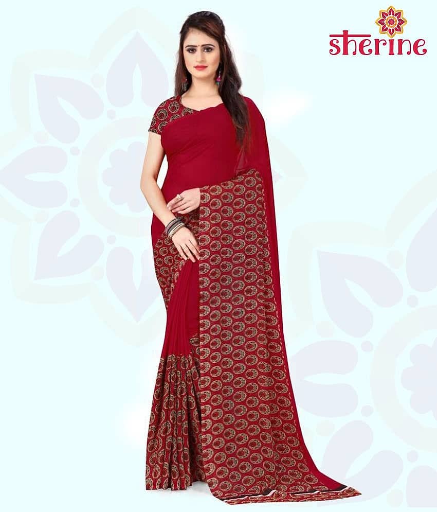 ANAND SAREES Georgette Printed Saree With Unstitched Blouse Piece ( Red )