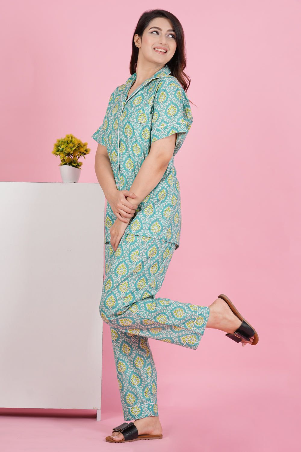Aqua Green Floral Print Half Sleeve Pyjama Set-S / Aqua / 100% Cotton