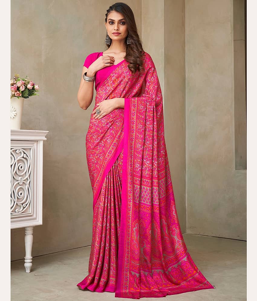 Satrani Crepe Printed Saree With Unstitched Blouse Piece ( Rani )