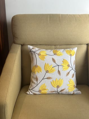 KRI India Bloom Sunflowers Cushion Cover | 16x16 inches | Beige & Yellow | Wash & Care | 100% Cotton | Handcrafted in India. 100% organic & natural.