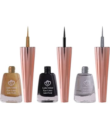 Looks United Metallic Long Lasting Intense Single Stroke Fashion Eyeliner (Metallic Canary Yellow, Coal Black, Pearl River Silver)Pack Of 3