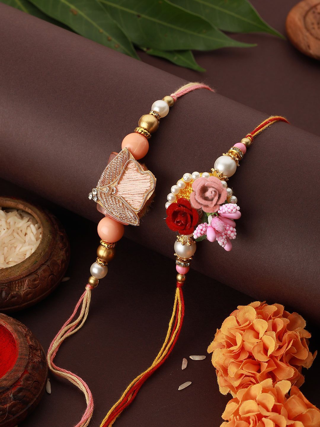 Set of 2 Kundan & Pearl Beaded Rakhi with Roli Chawal
