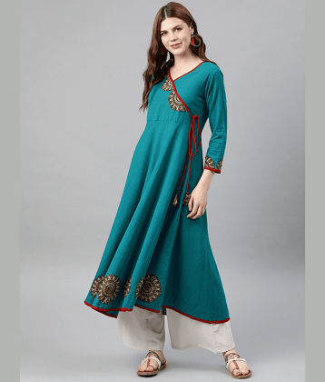 Yash Gallery - Teal Cotton Women's Angrakha Kurti ( Pack of 1 )