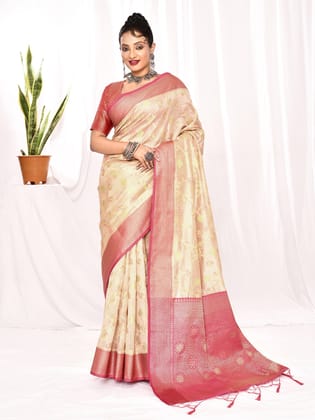 Cream Soft Silk Banarasi Woven Floral Weaving Saree