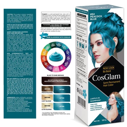 COSGLAM Semi Permanent Hair Color, No Peroxide, Non Oxidative, Ammonia Free Hair Colour 52 Peacock Blue - 120gm COSGLAM Semi Permanent Hair Color, No Peroxide, Non Oxidative, Ammonia Free Hair Colour 52 Peacock Blue - 120gm