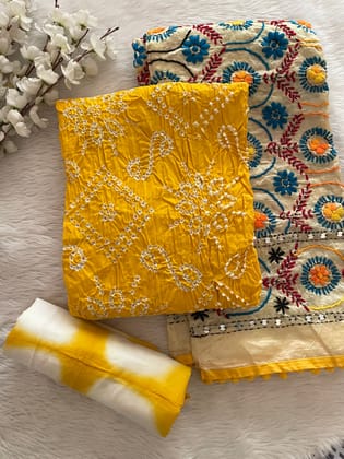 Cotton Kutch Hand Crafted Kutch Bandhani With Phulkari Dupatta Bandhani Dress Material (Unstitched)-Unstitched