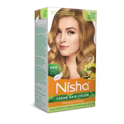 Nisha Creme Hair Color 7.3 Honey Blonde 120g, Permanent Hair Colour with Henna Extract, 100% Grey Coverage