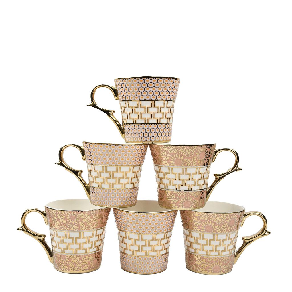 Femora Gold Pattern on Golden Mugs, Ceramic Tea Cups, Coffee Mugs (160 ml, Golden) - 6 Pcs Set