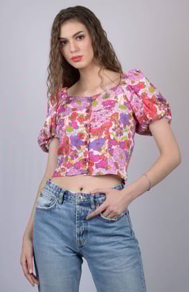 Pink Multicolor Floral Print V-Neck Puff Sleeve Top (OTL-TPS1006)-Pink / XS