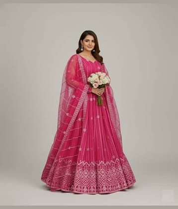 JULEE Women Net Flared Semi Stitched Ethnic Gown With Dupatta ( Pink )