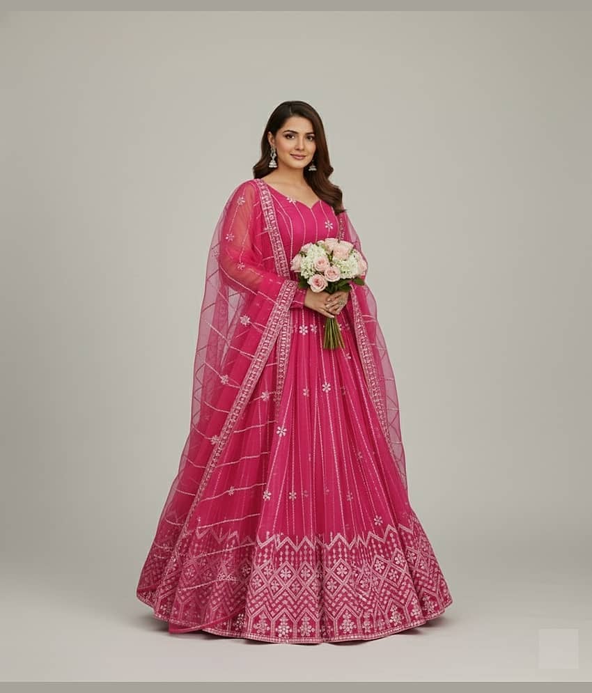 JULEE Women Net Flared Semi Stitched Ethnic Gown With Dupatta ( Pink )